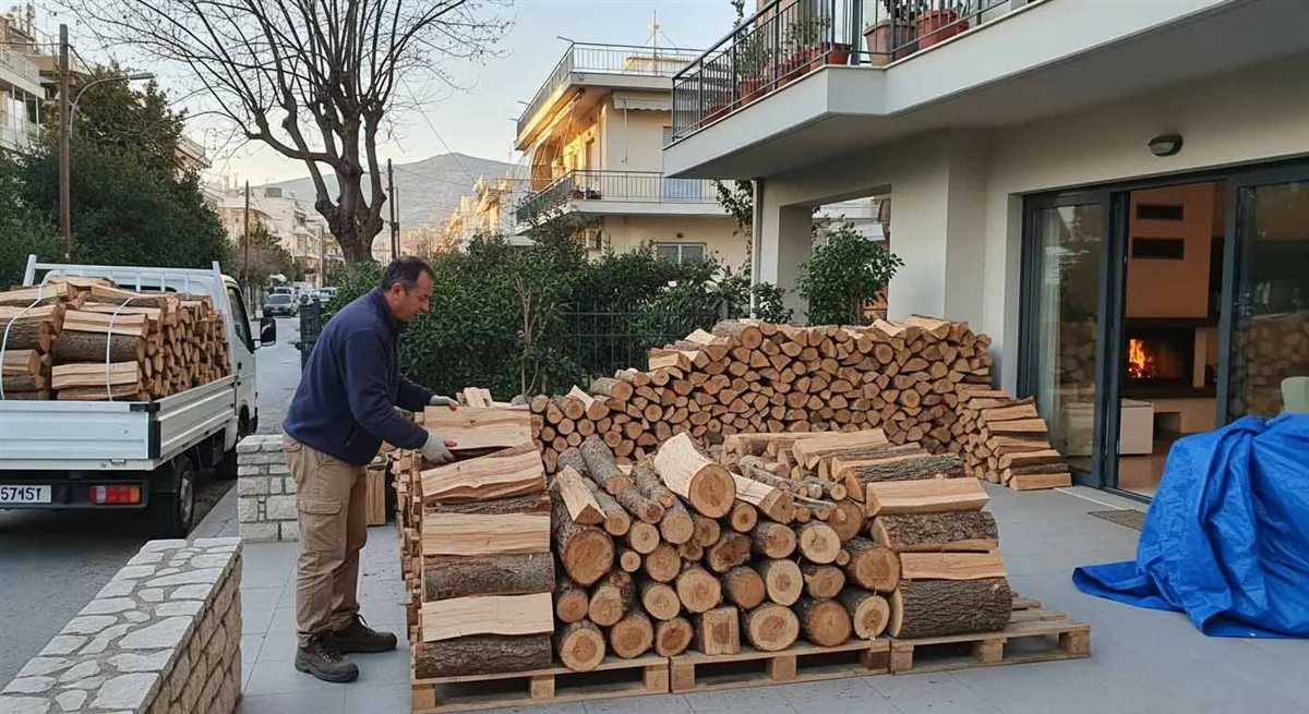 Καυσόξυλα Παπάγου: παλέτες με ξύλα έξω από σπίτι